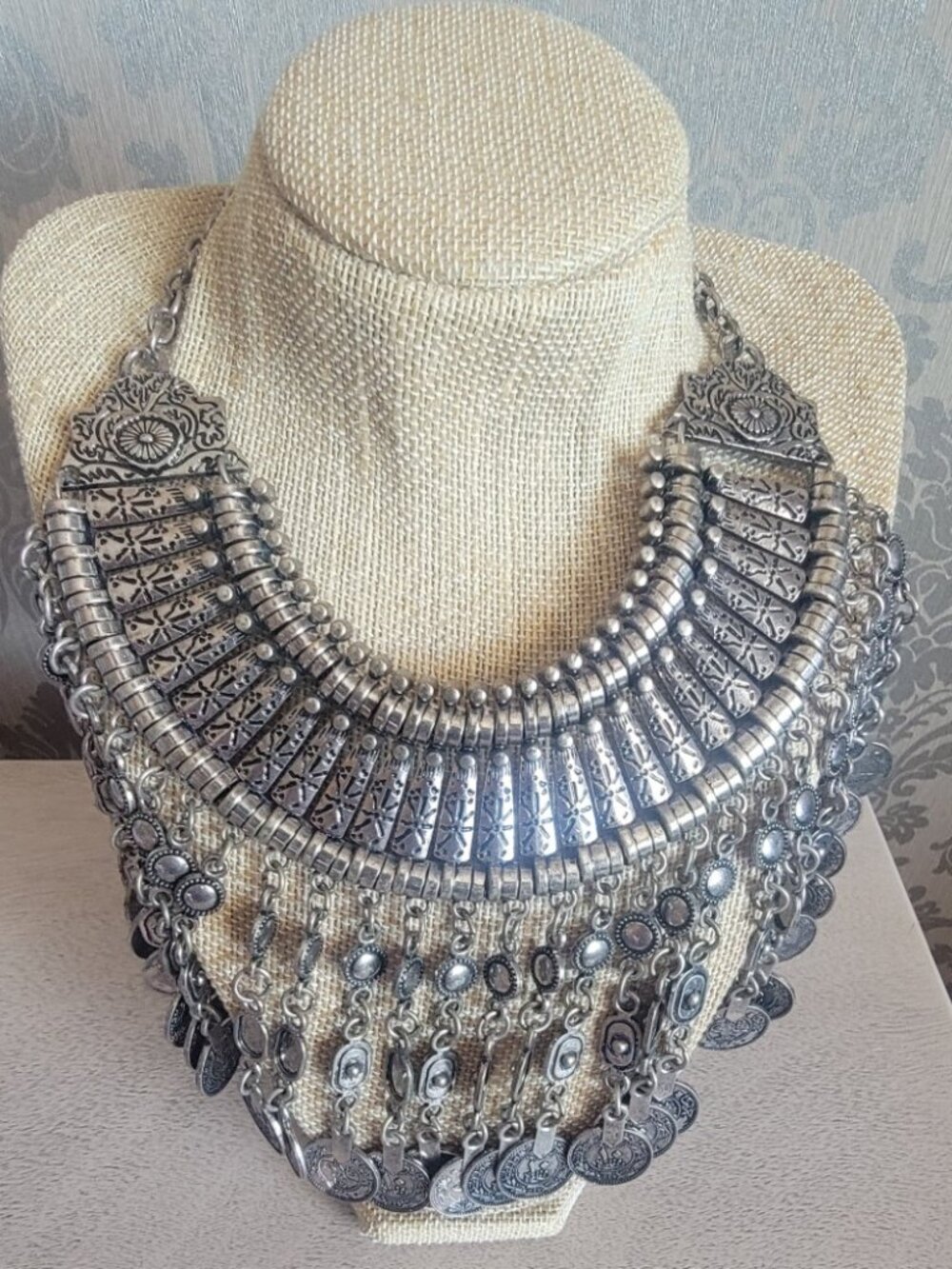 Boho Tribal Coin Bib Statement Necklace Silver
